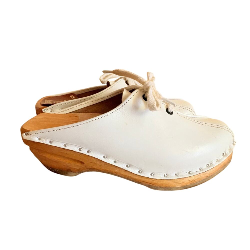 Bastad Toffeln White Leather Clogs Size 35 US Women’s 4.5–5 Wooden Sweden